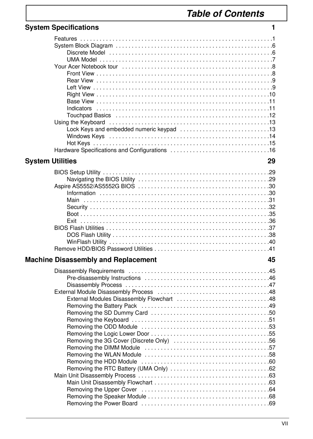 Acer 5552G, 5252 manual Table of Contents 