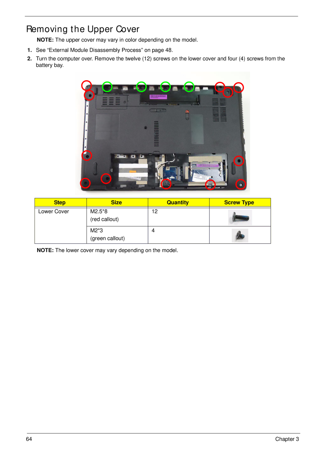 Acer 5252, 5552G manual Removing the Upper Cover, Step Size Quantity Screw Type 