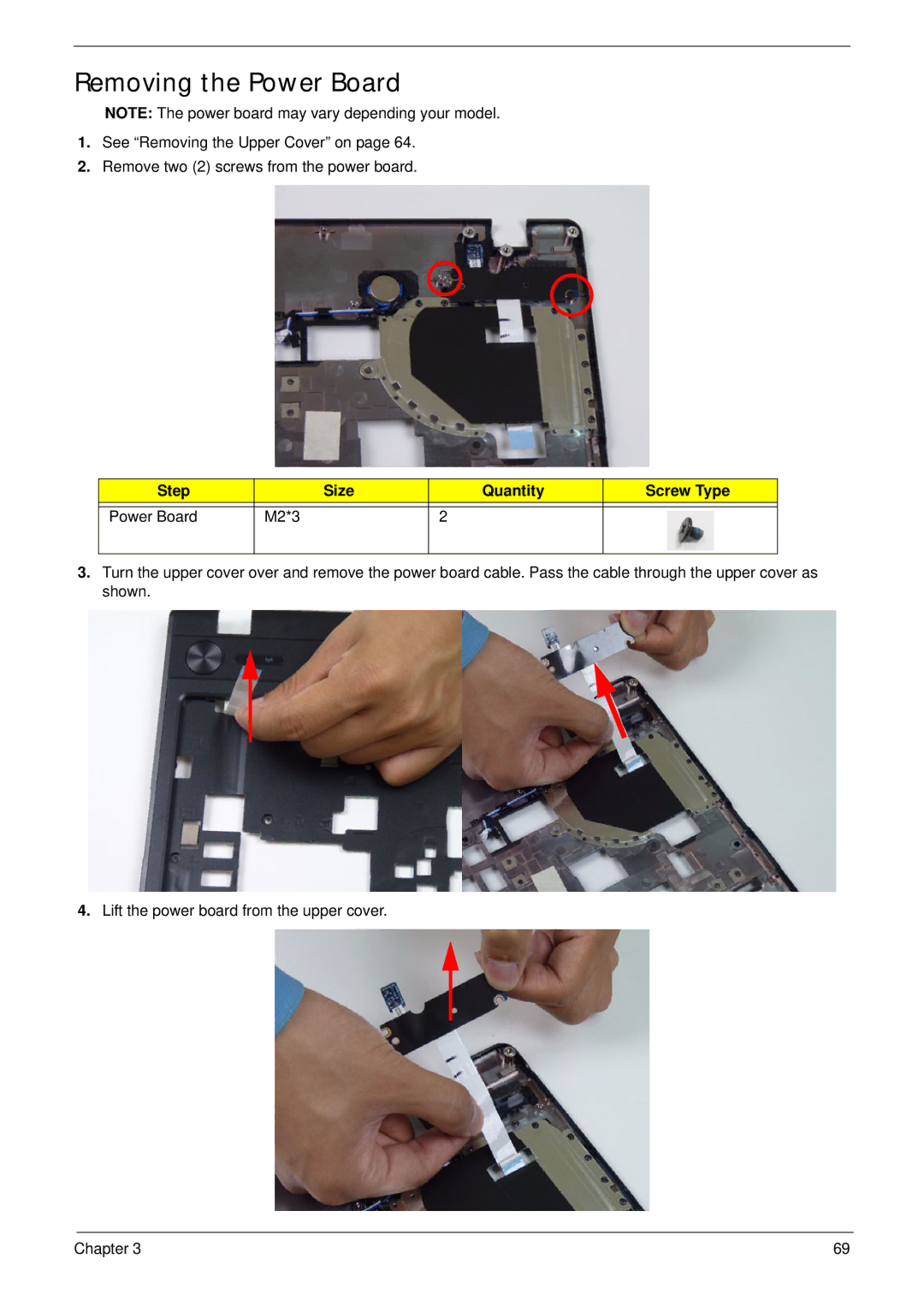 Acer 5552G, 5252 manual Removing the Power Board, Step Size Quantity Screw Type Power Board M2*3 