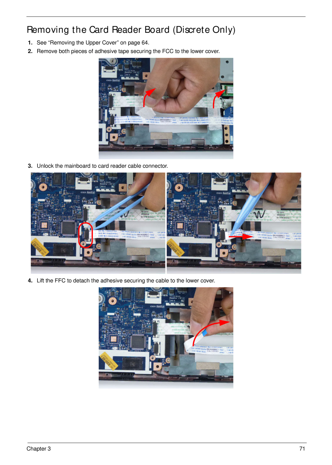 Acer 5252, 5552G manual Removing the Card Reader Board Discrete Only 