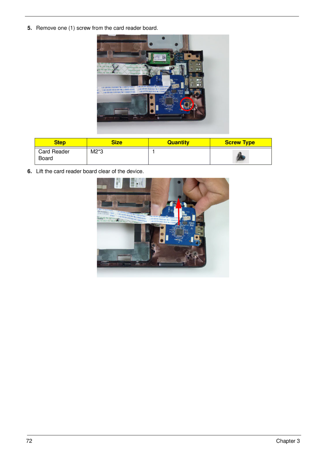 Acer 5552G, 5252 manual Remove one 1 screw from the card reader board 