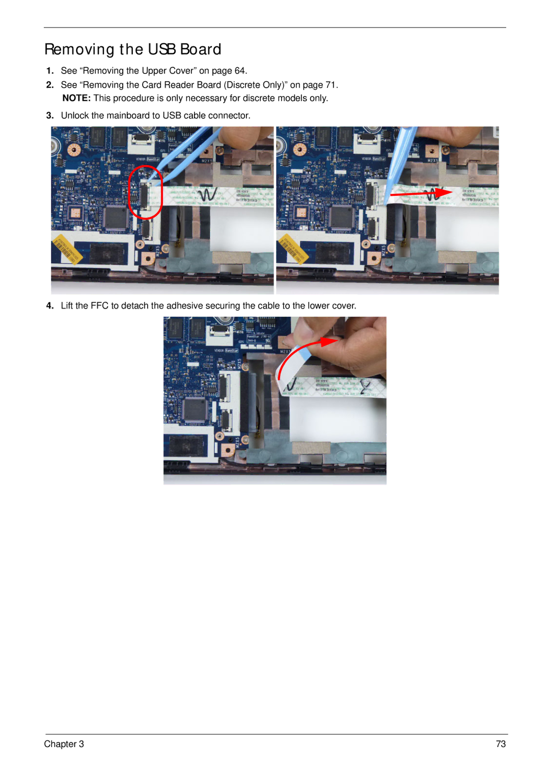 Acer 5252, 5552G manual Removing the USB Board 