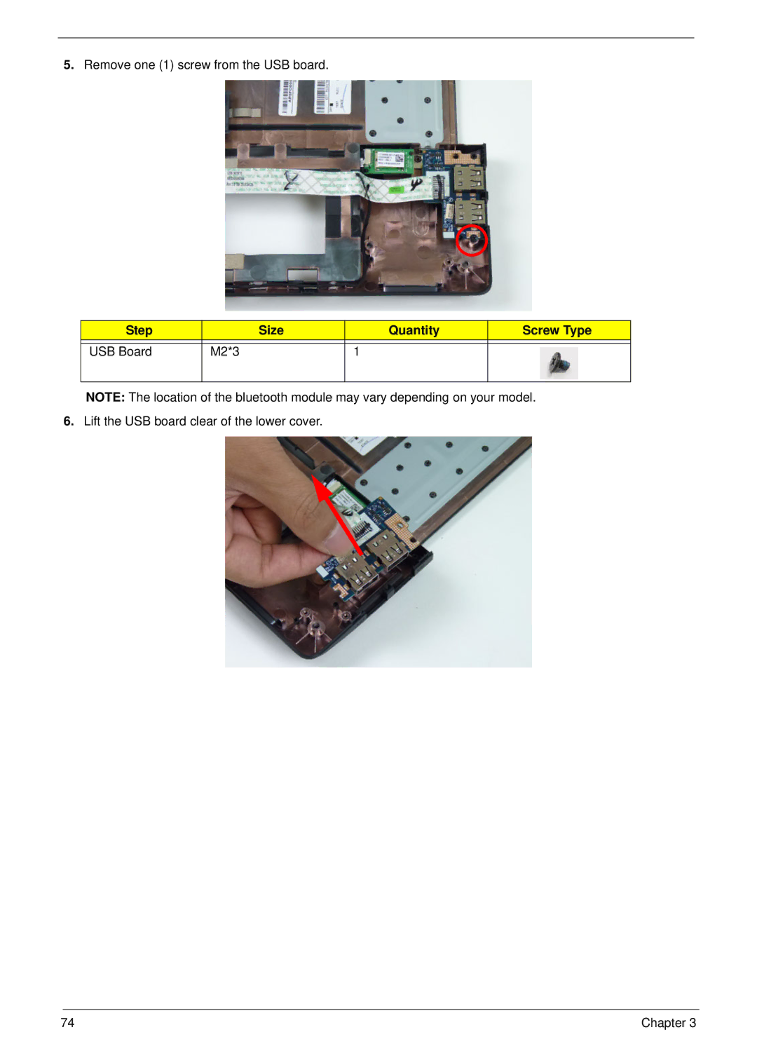 Acer 5252, 5552G manual Step Size Quantity Screw Type USB Board M2*3 