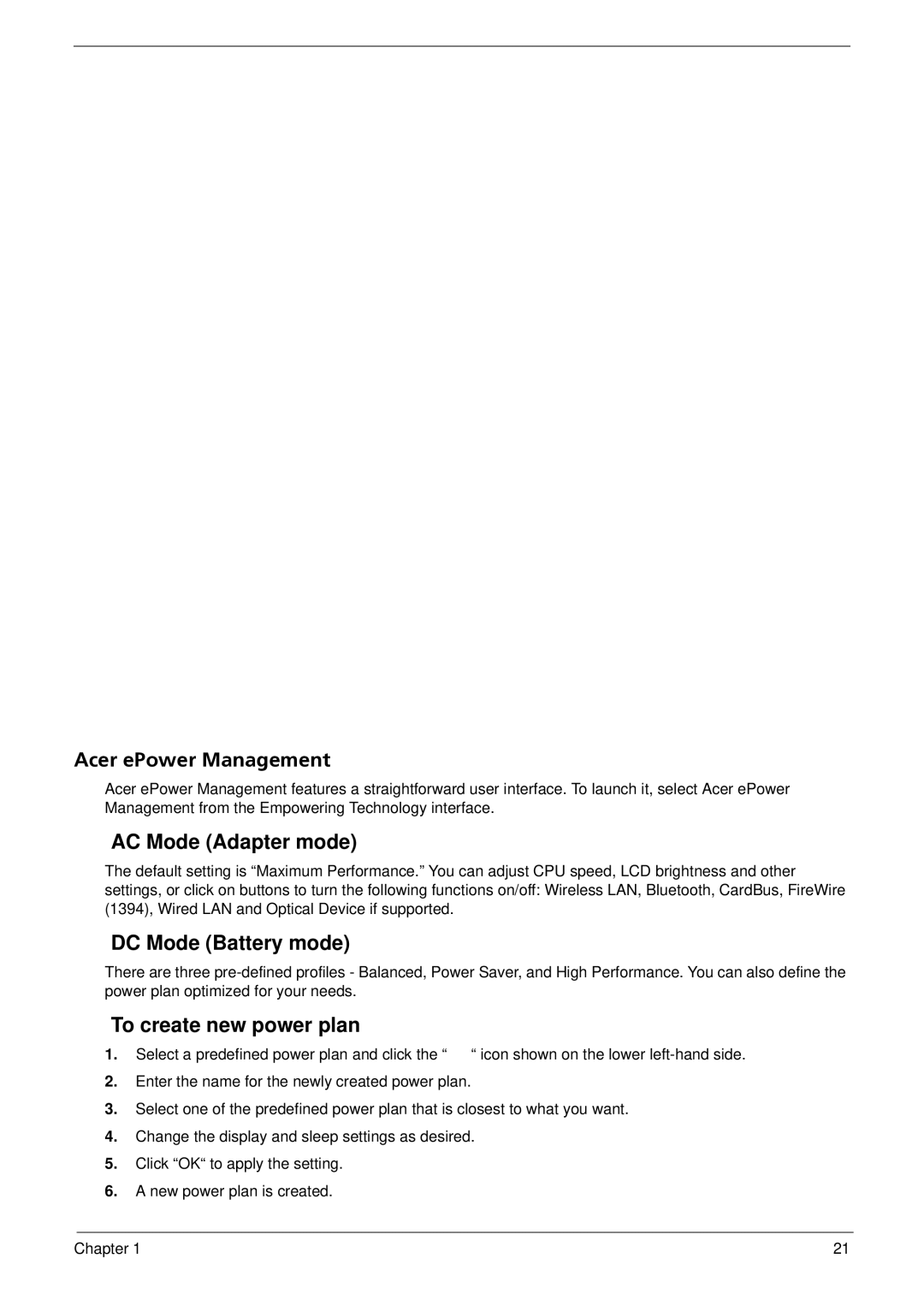 Acer 5710G, 5310G manual Acer ePower Management, AC Mode Adapter mode, DC Mode Battery mode, To create new power plan 