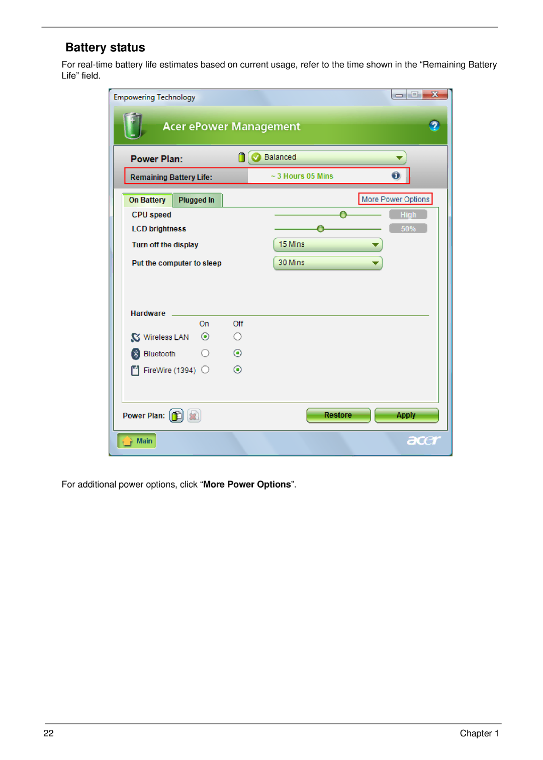 Acer 5310G, 5710G manual Battery status 