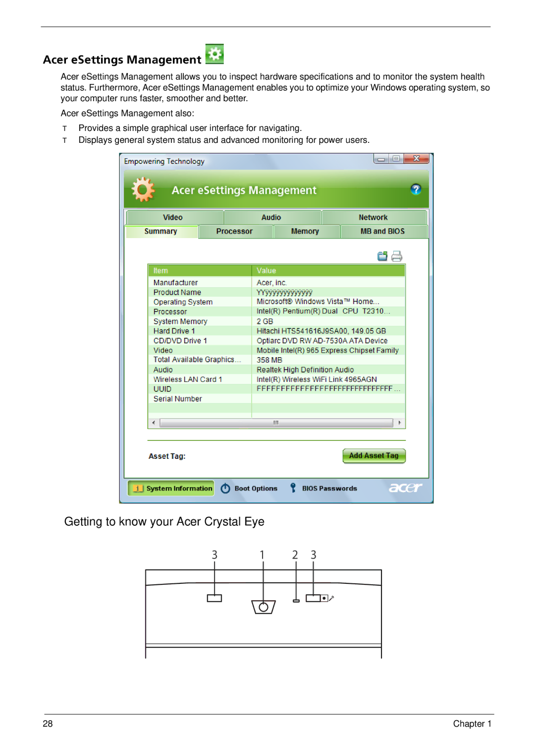 Acer 5310G, 5710G manual Acer eSettings Management, Getting to know your Acer Crystal Eye 