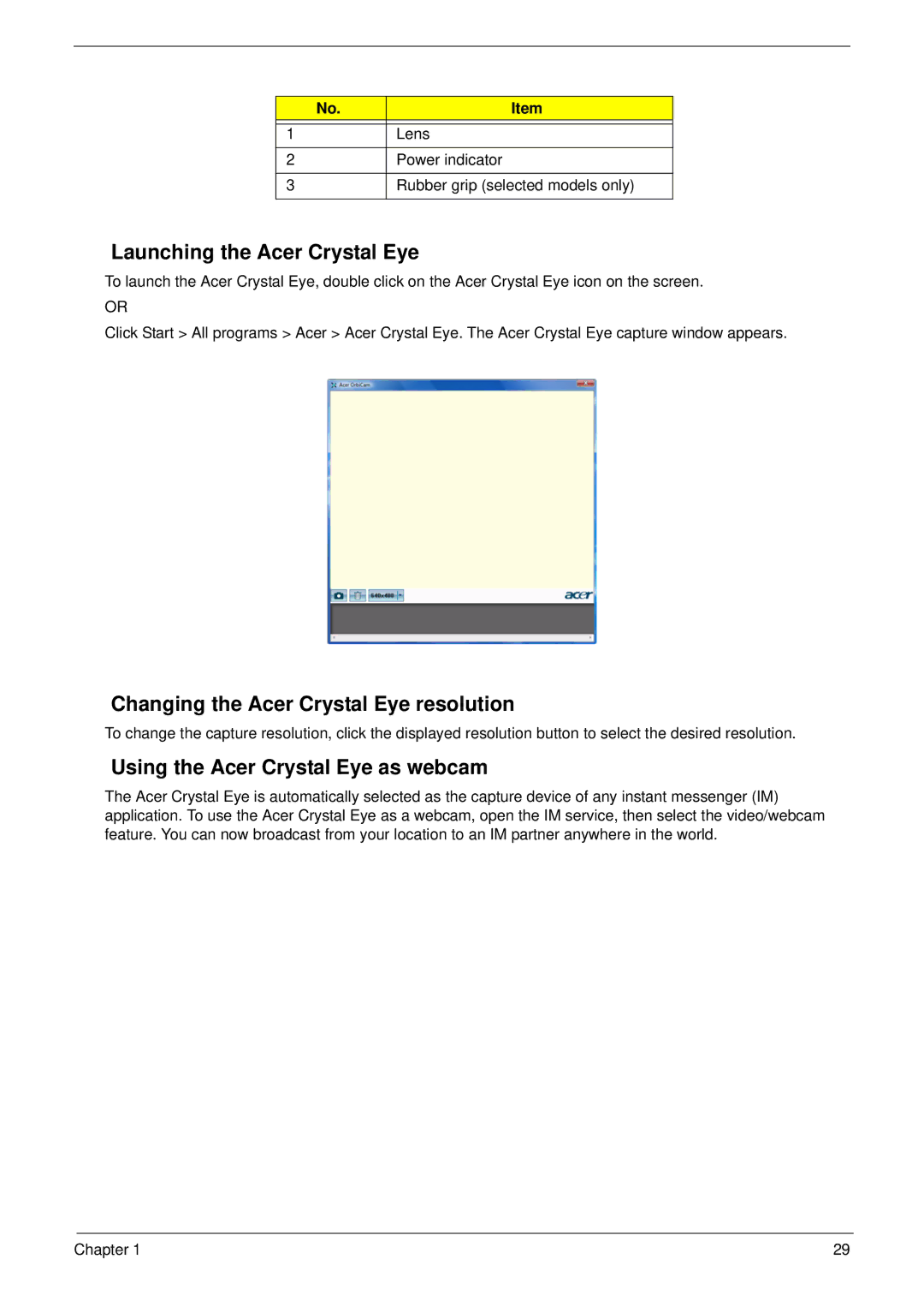 Acer 5710G Launching the Acer Crystal Eye, Changing the Acer Crystal Eye resolution, Using the Acer Crystal Eye as webcam 