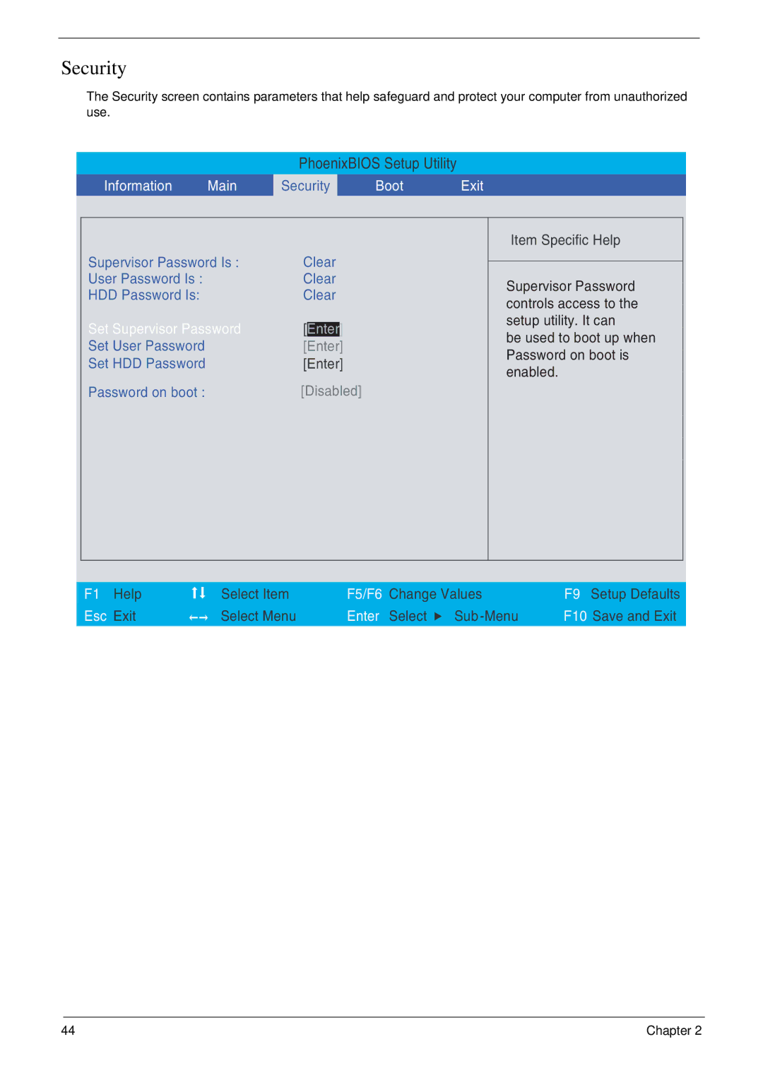 Acer 5310G, 5710G manual Security, Set Supervisor Password 