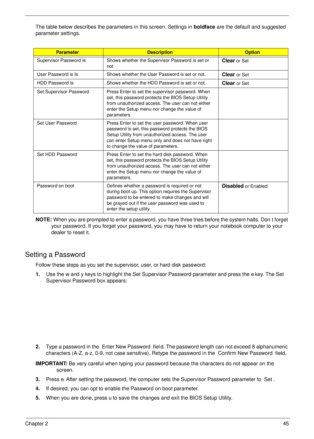 Acer 5710G, 5310G manual Setting a Password, Clear or Set, Parameter Description Option 