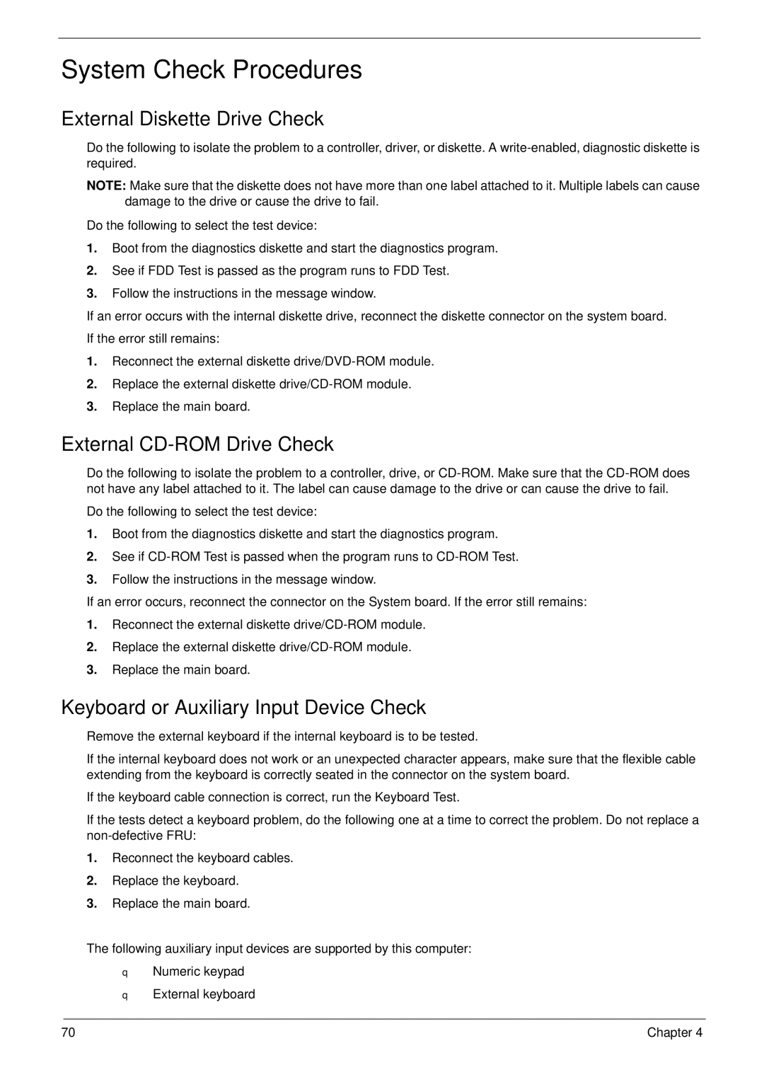 Acer 5310G, 5710G manual System Check Procedures, External Diskette Drive Check, External CD-ROM Drive Check 