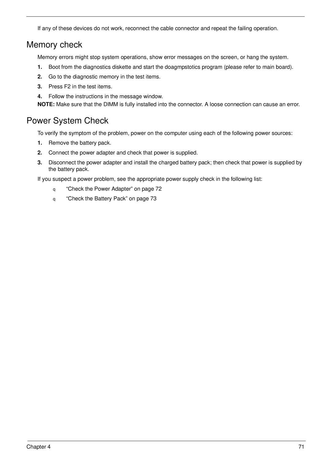 Acer 5710G, 5310G manual Memory check, Power System Check 