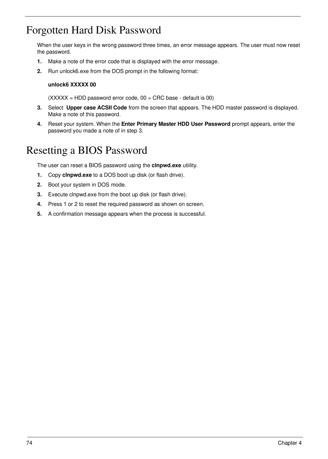 Acer 5310G, 5710G manual Forgotten Hard Disk Password, Resetting a Bios Password 