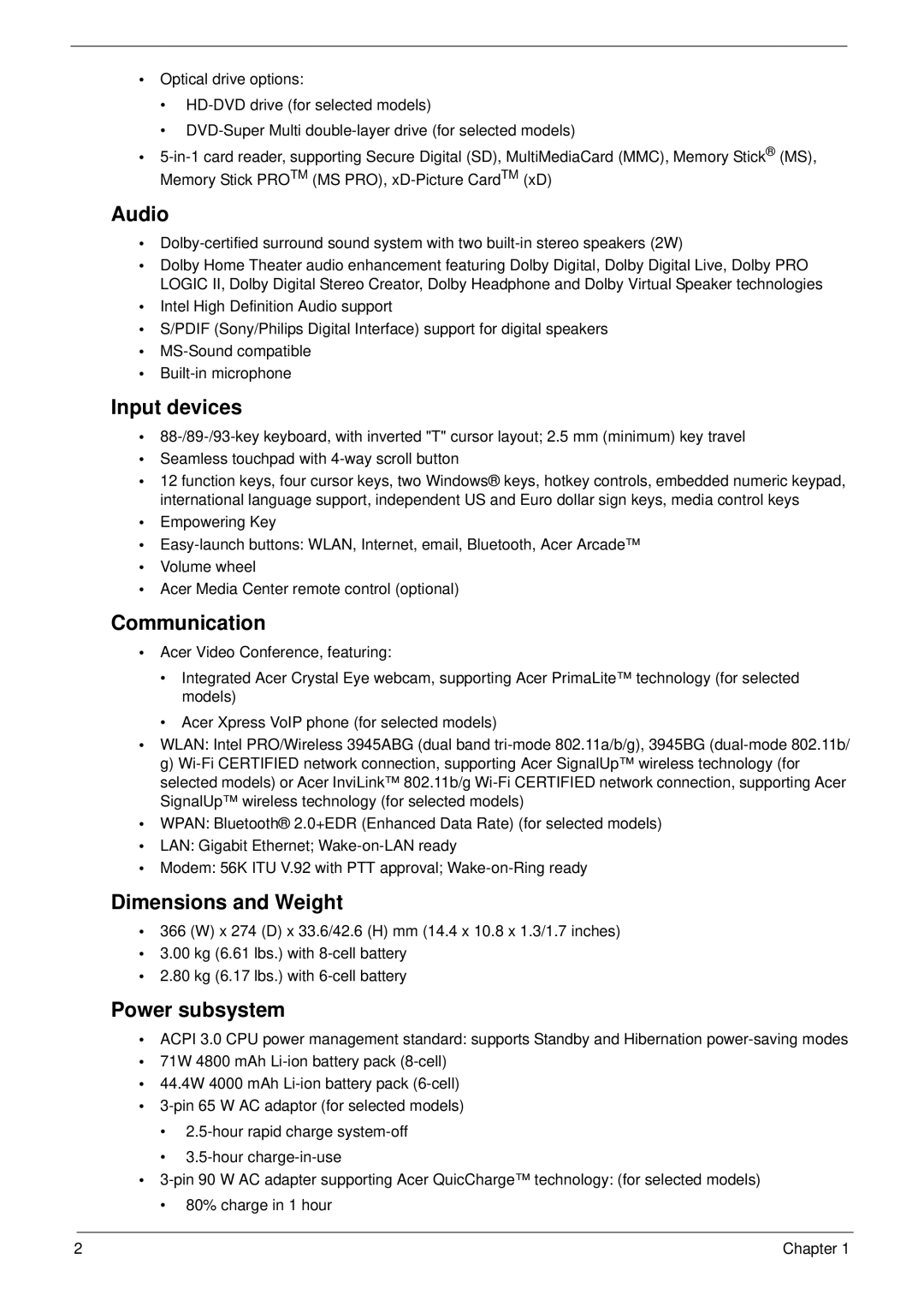 Acer 5310G, 5710G manual Audio, Input devices, Communication, Dimensions and Weight, Power subsystem 