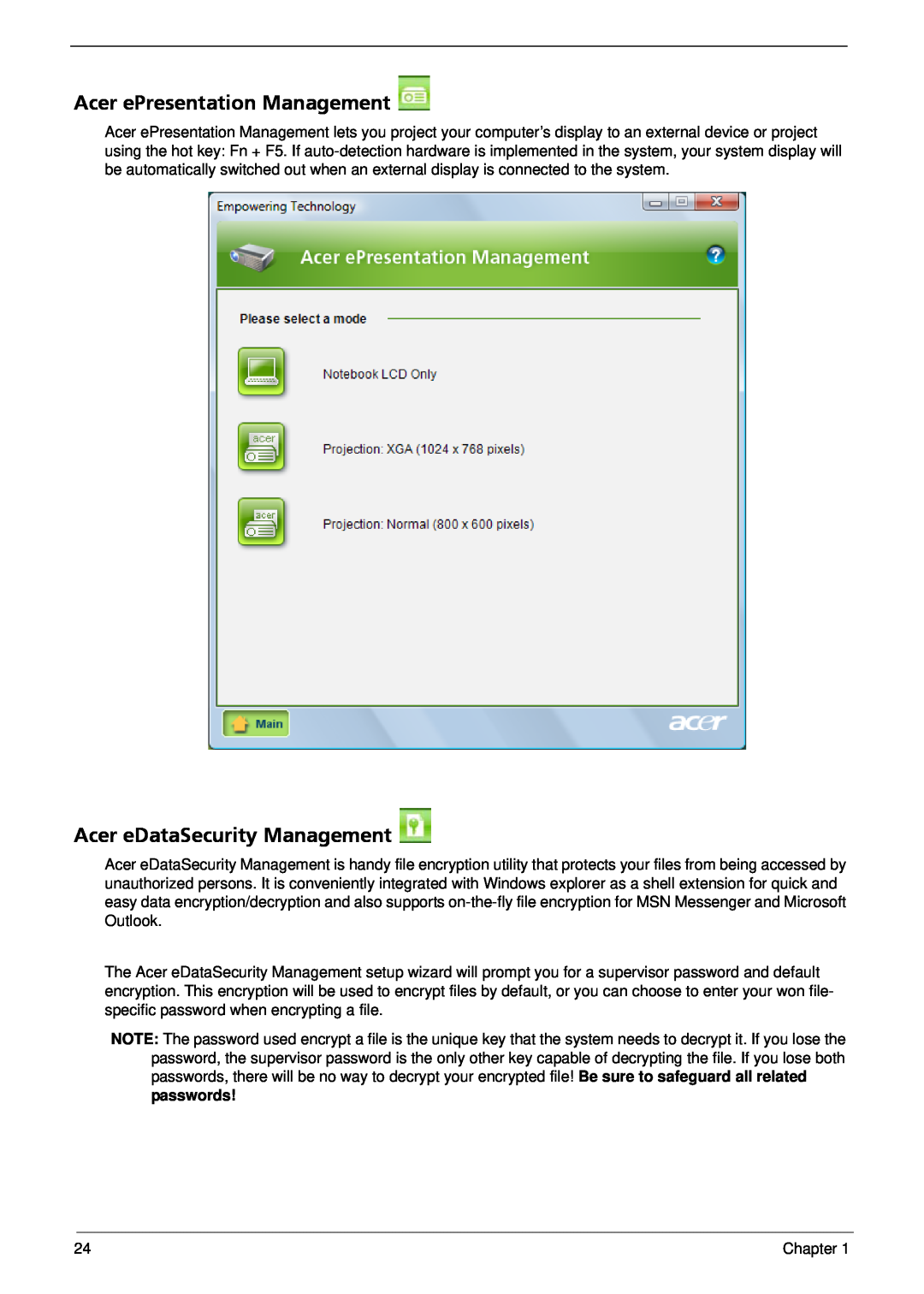 Acer 5310G, 5710G manual Acer ePresentation Management, Acer eDataSecurity Management 