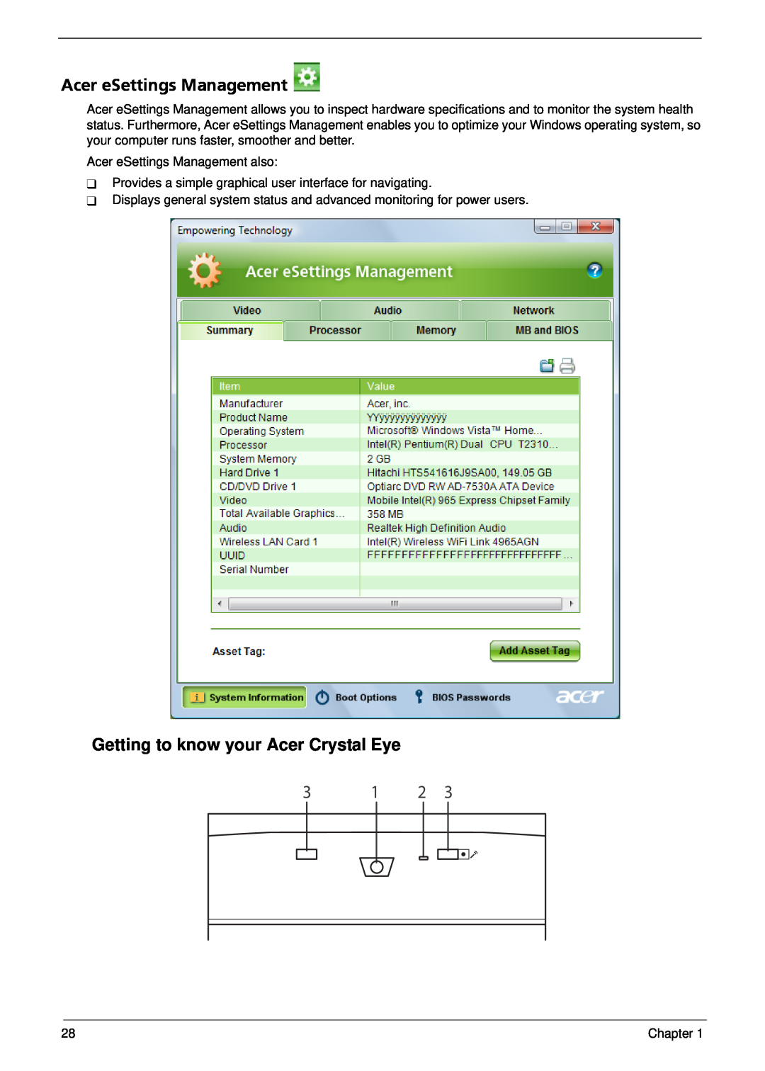 Acer 5310G, 5710G manual Acer eSettings Management, Getting to know your Acer Crystal Eye 