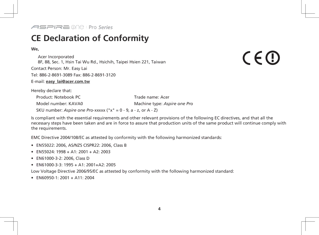 Acer AOP531h manual CE Declaration of Conformity, Maileasylai@acer.com.tw 