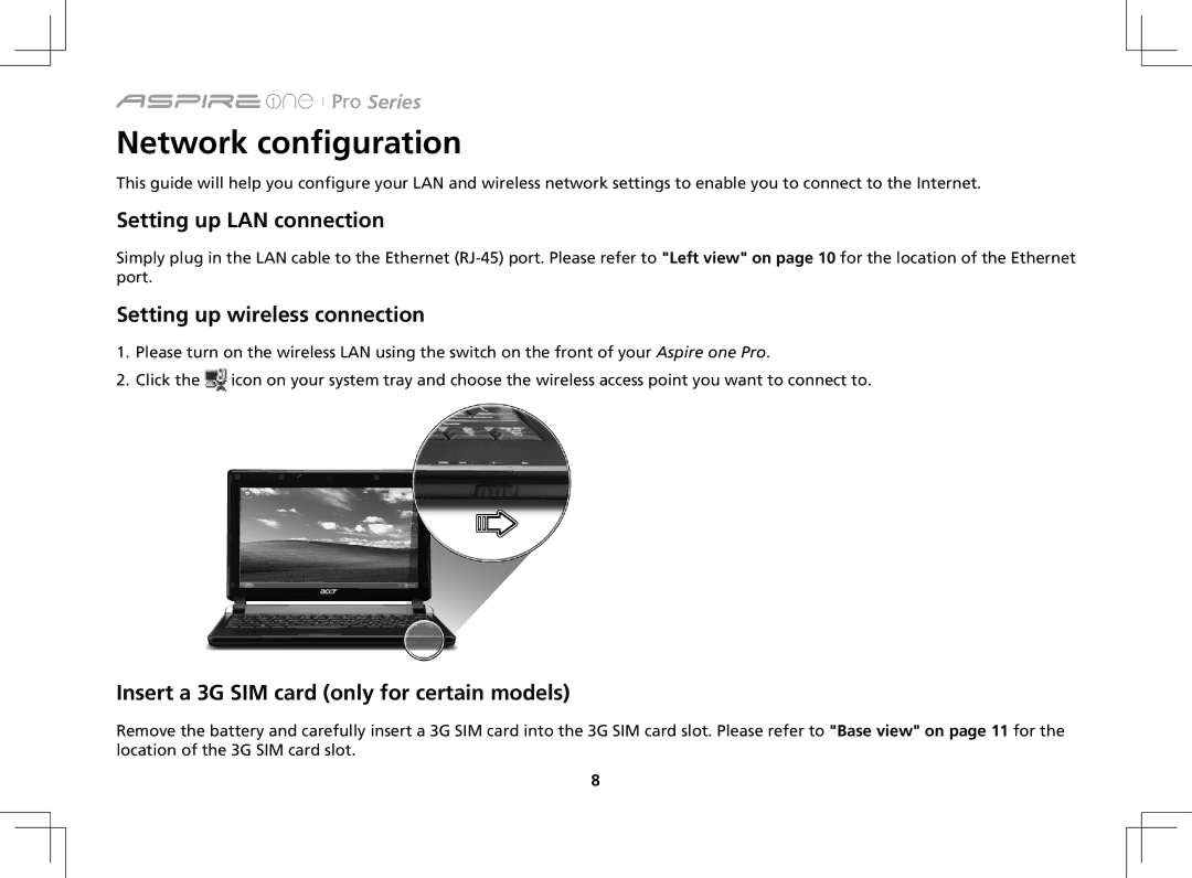 Acer AOP531h manual Network configuration, Setting up LAN connection, Setting up wireless connection 