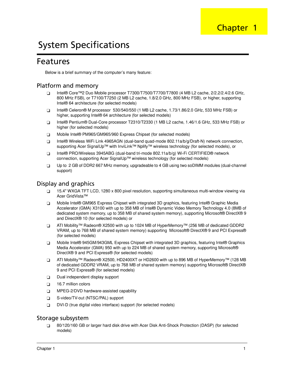 Acer 5220, 5320 manual Chapter, Features, Below is a brief summary of the computer’s many feature 