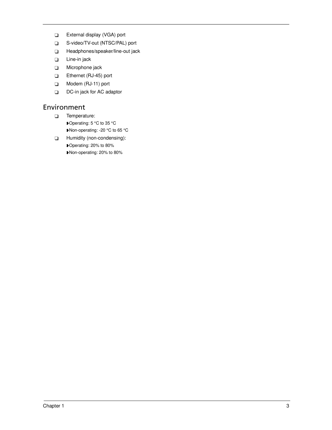 Acer 5220, 5320 manual  Temperature,  Humidity non-condensing 