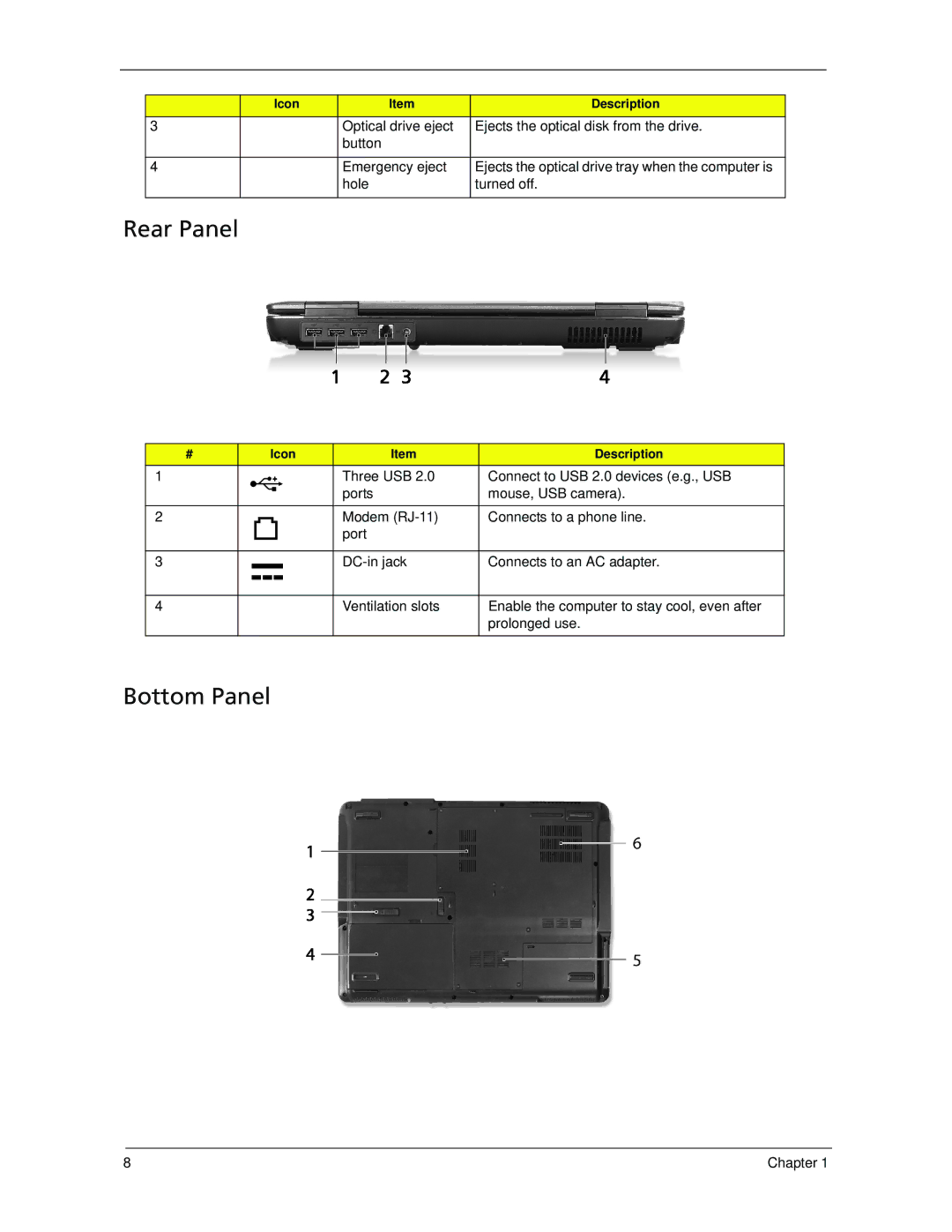 Acer 5320, 5220 manual Rear Panel, Bottom Panel 