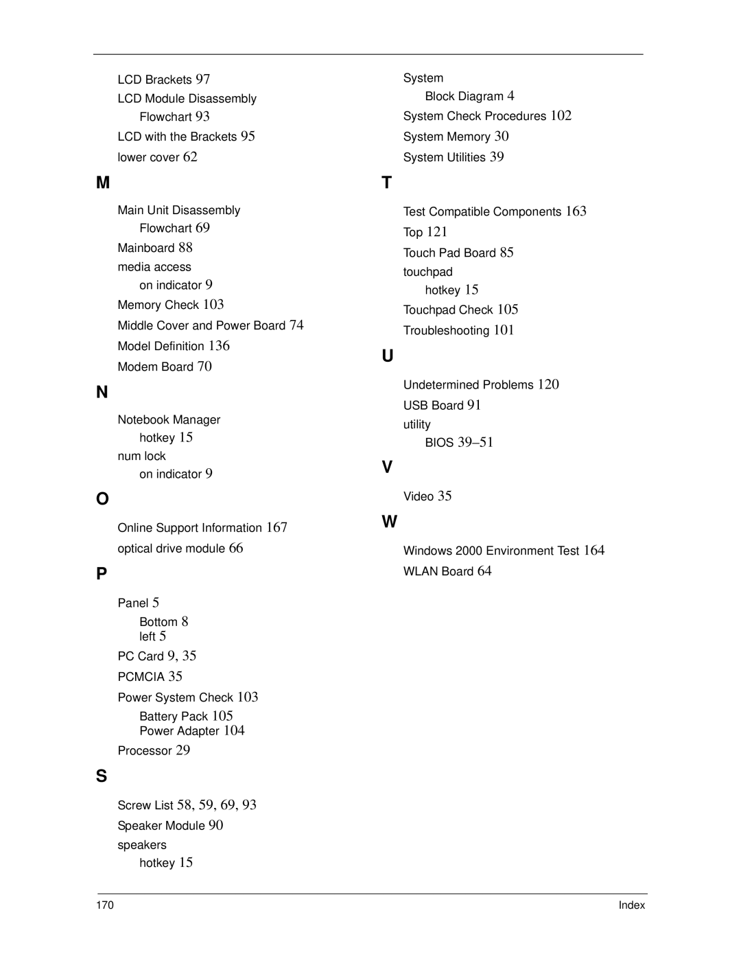 Acer 5320, 5220 manual Screw List 58, 59, 69, Index 