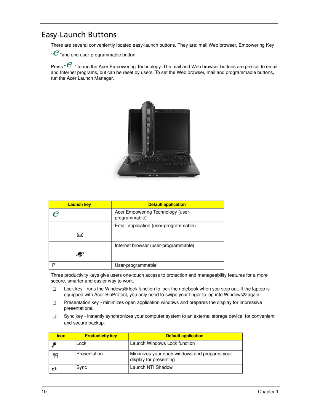 Acer 5320, 5220 manual Easy-Launch Buttons 