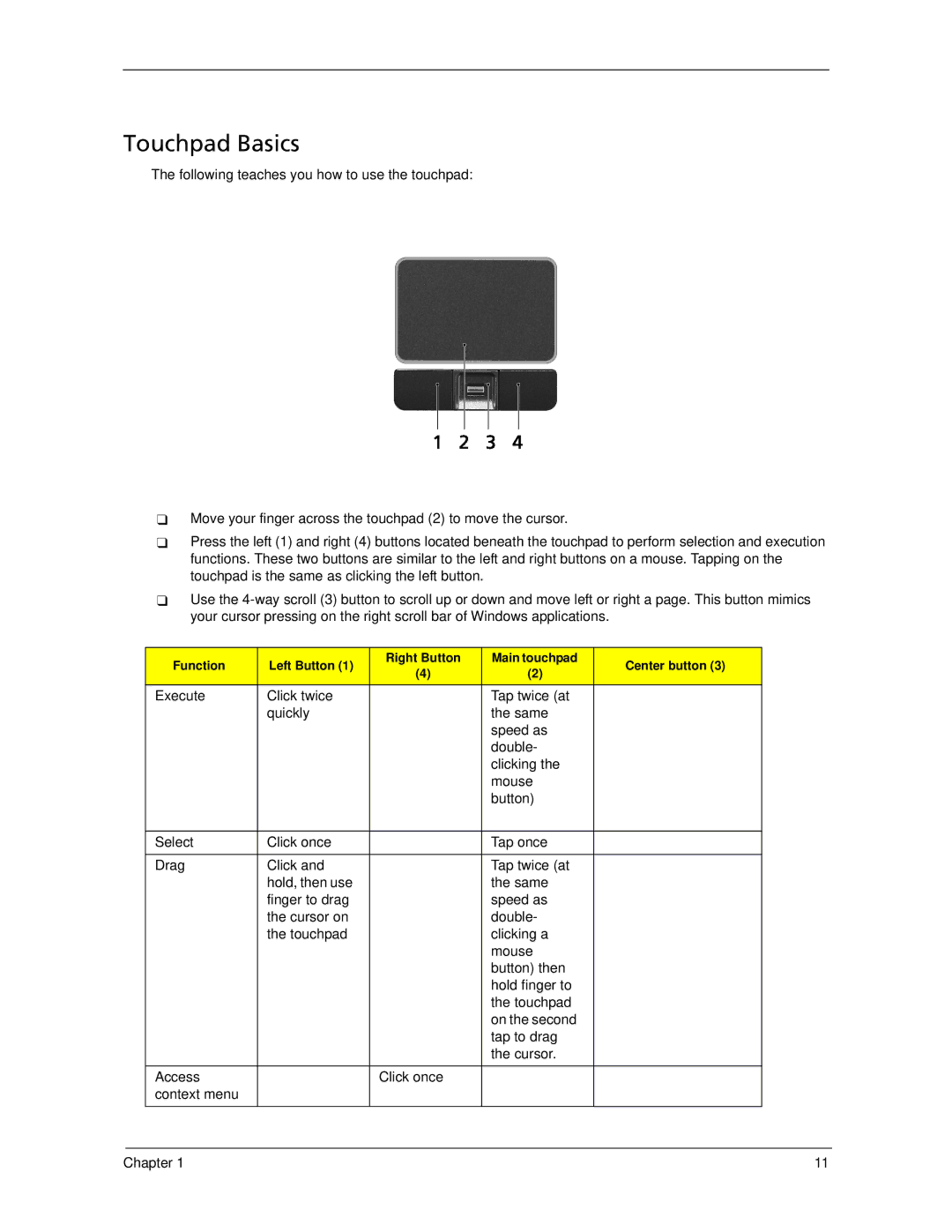 Acer 5220, 5320 manual Touchpad Basics 