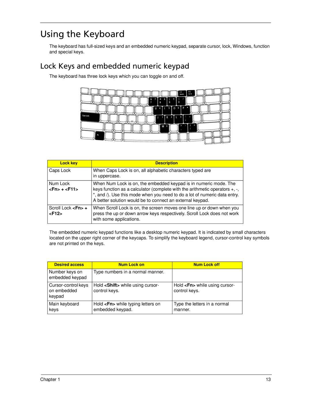 Acer 5220, 5320 manual Using the Keyboard, Lock Keys and embedded numeric keypad, Fn + F11, F12 