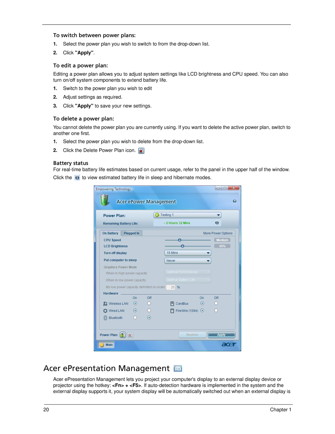 Acer 5320, 5220 manual Acer ePresentation Management, To edit a power plan 