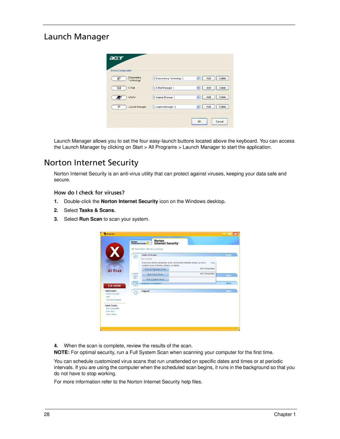 Acer 5320, 5220 manual Launch Manager, Norton Internet Security, Select Tasks & Scans 