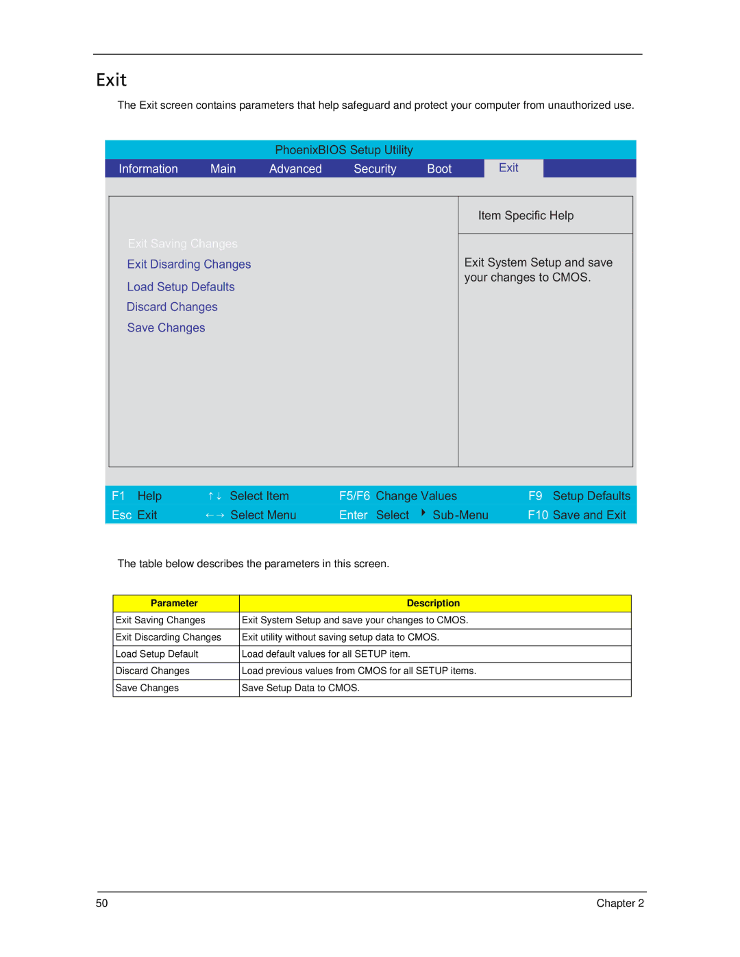 Acer 5320, 5220 manual Exit, Table below describes the parameters in this screen 