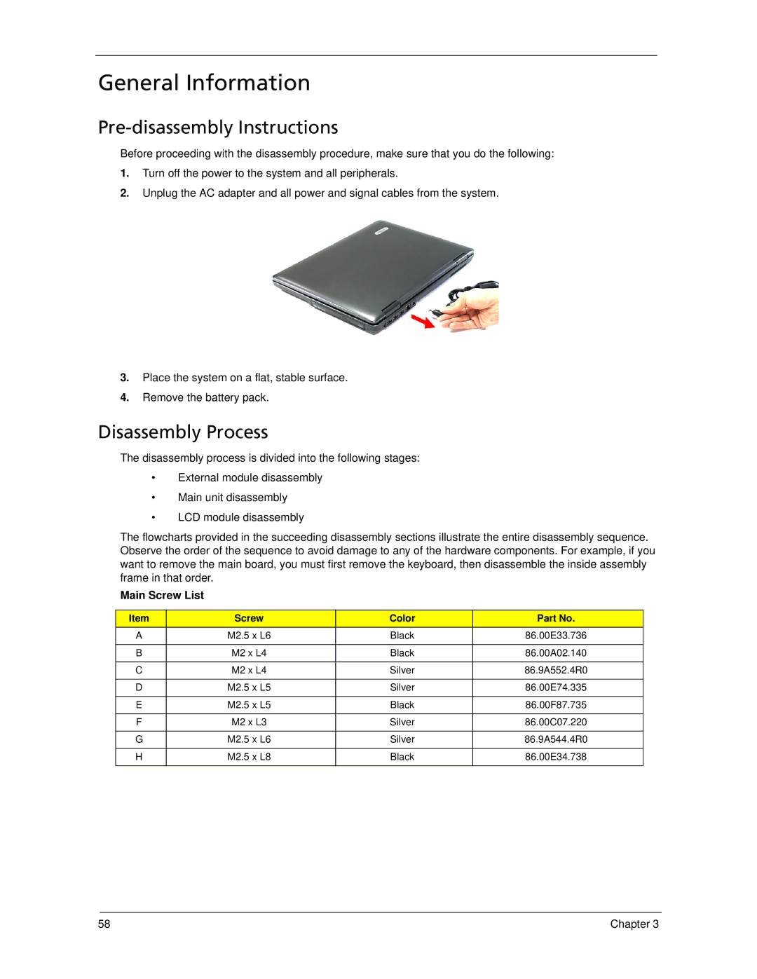 Acer 5320, 5220 manual General Information, Pre-disassembly Instructions, Disassembly Process, Main Screw List 