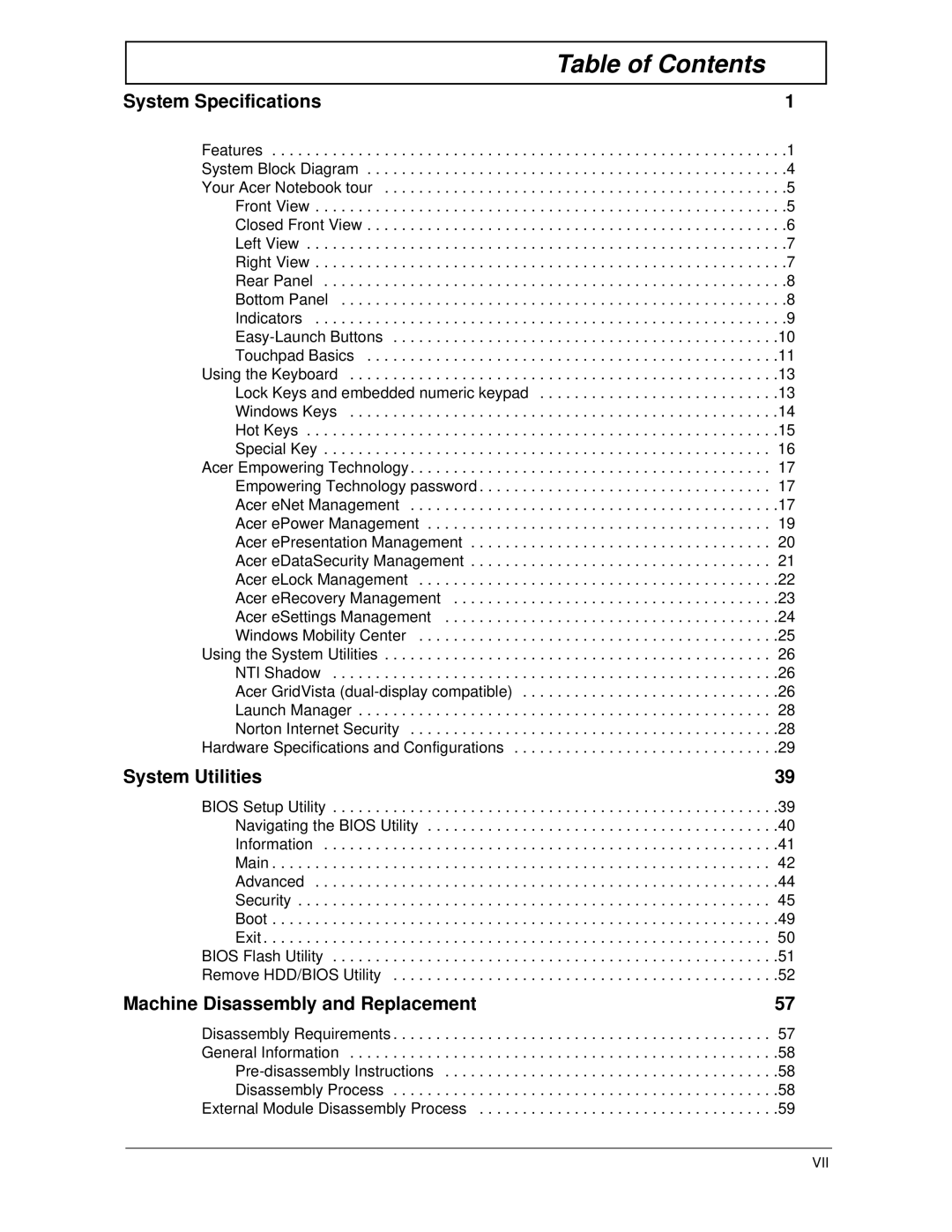 Acer 5220, 5320 manual Table of Contents 