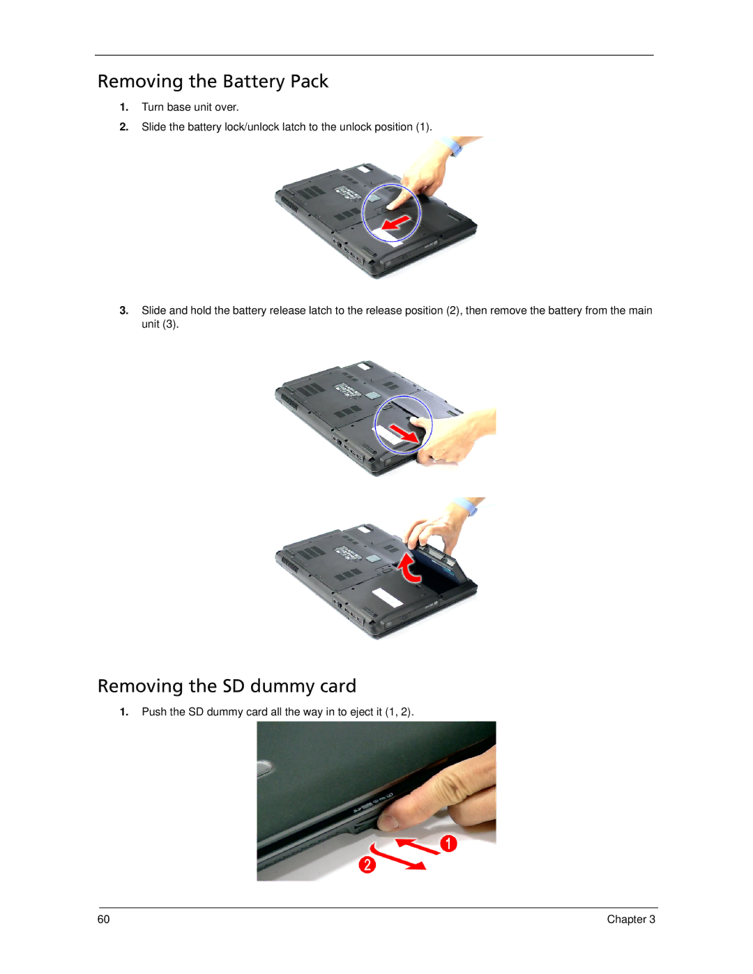 Acer 5320, 5220 Removing the Battery Pack, Removing the SD dummy card, Push the SD dummy card all the way in to eject it 1 