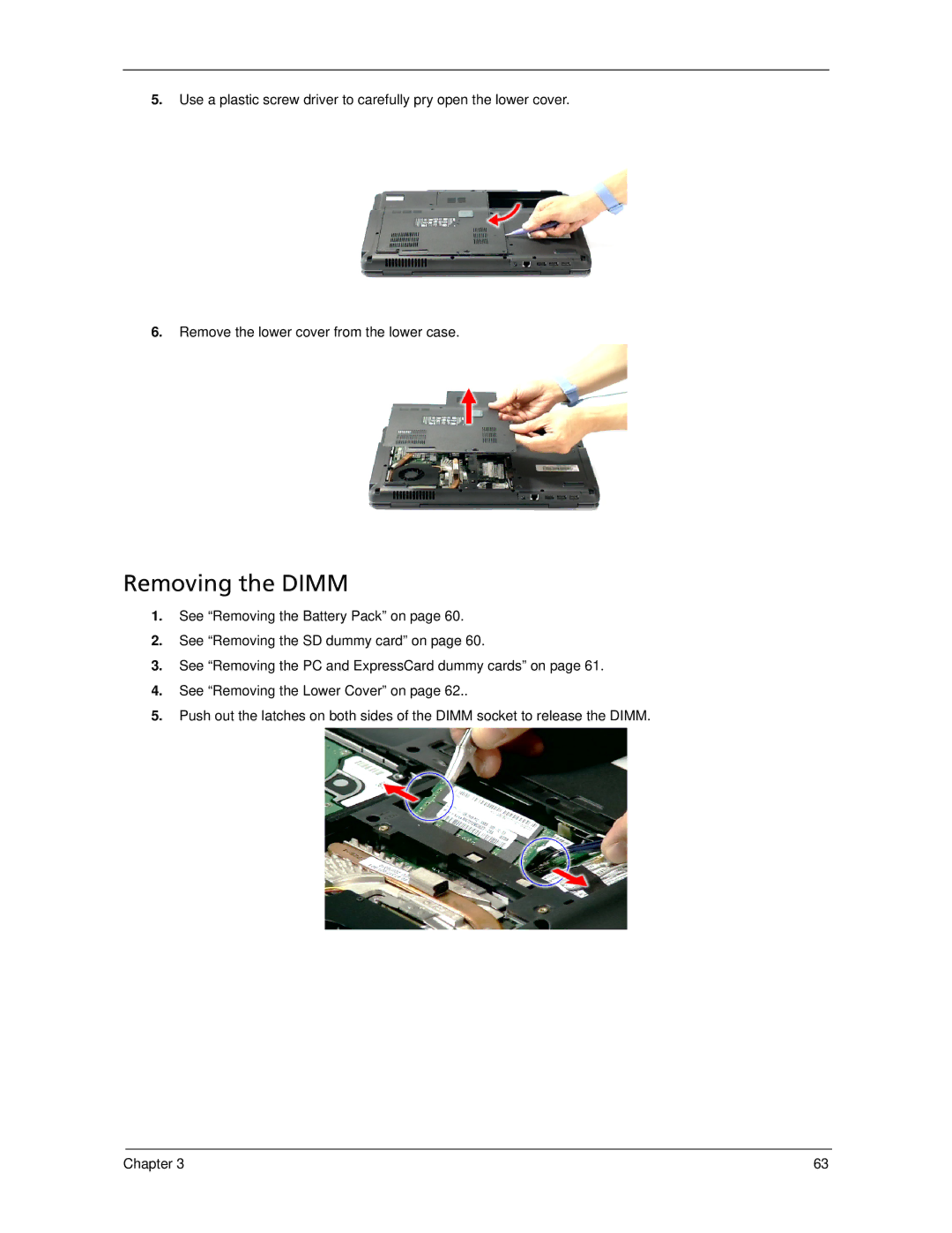 Acer 5220, 5320 manual Removing the Dimm 