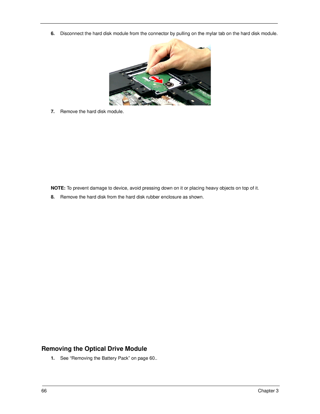 Acer 5320, 5220 manual Removing the Optical Drive Module, See Removing the Battery Pack on 