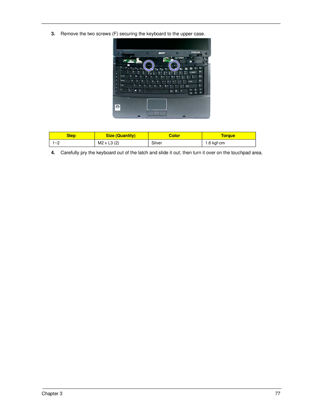 Acer 5220, 5320 manual Step Size Quantity Color Torque 