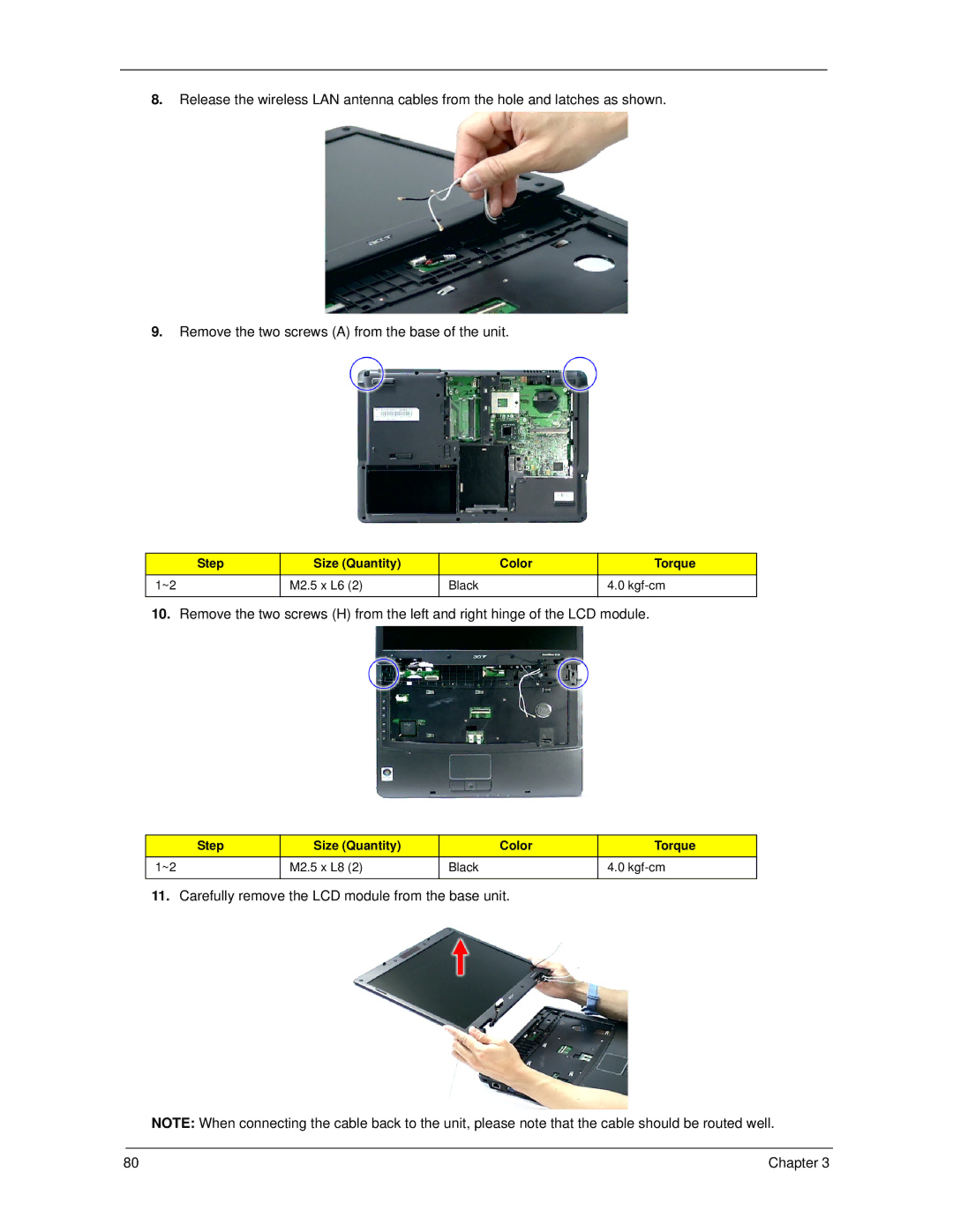 Acer 5320, 5220 manual Carefully remove the LCD module from the base unit 