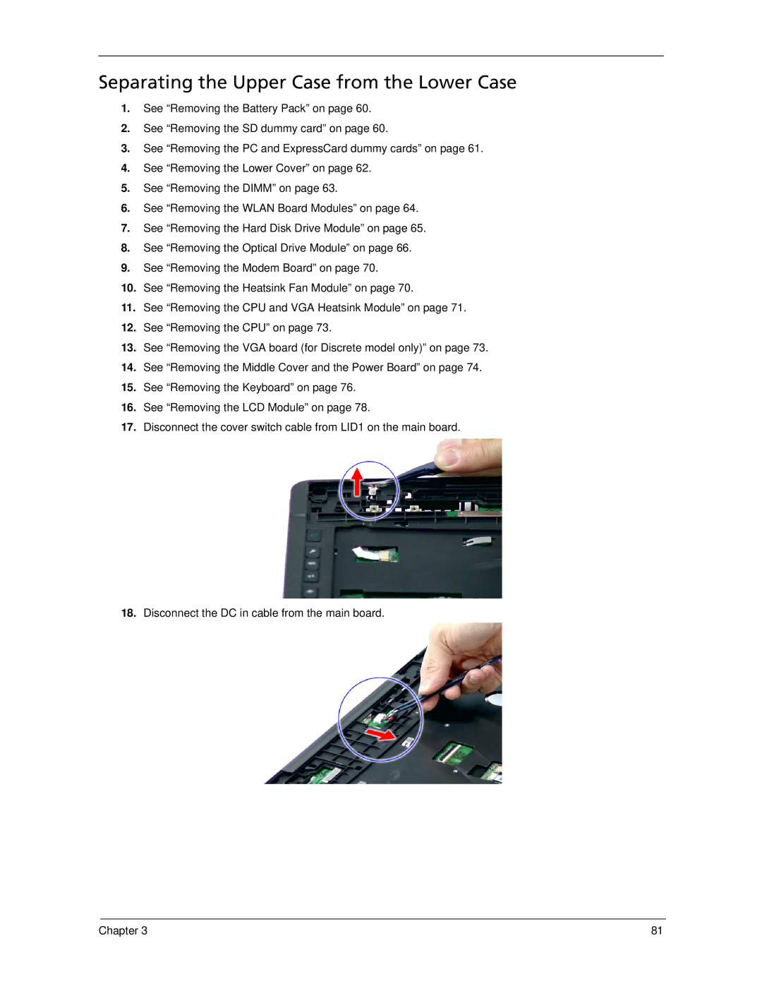 Acer 5220, 5320 manual Separating the Upper Case from the Lower Case 