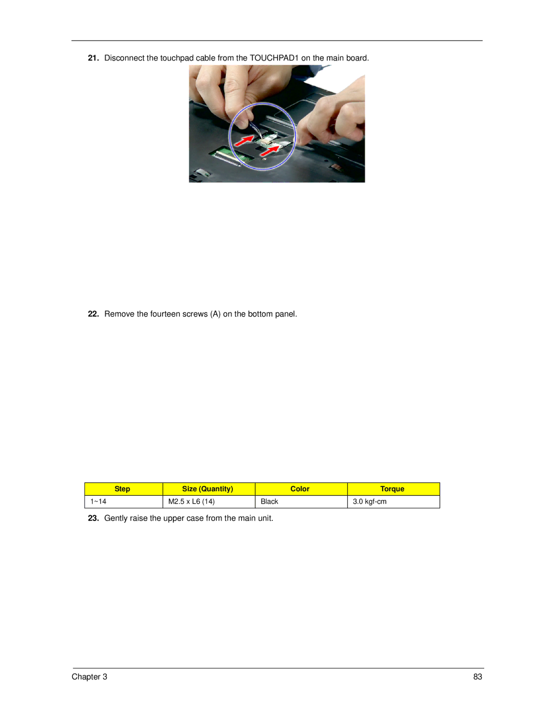 Acer 5220, 5320 manual Gently raise the upper case from the main unit Chapter 