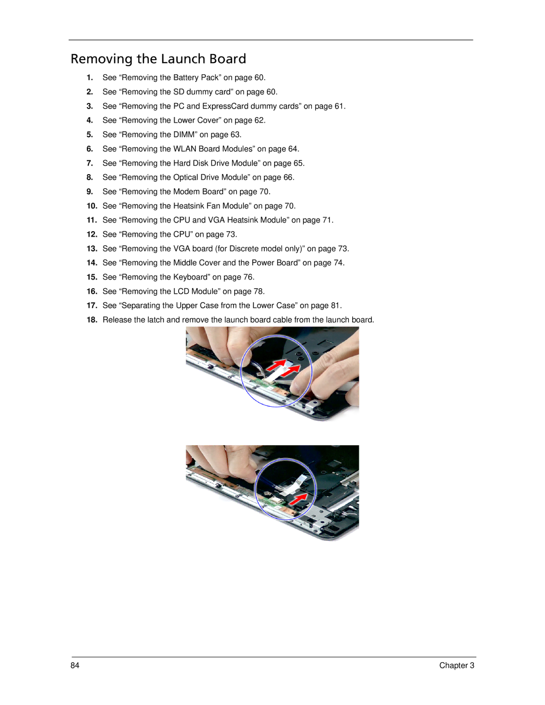 Acer 5320, 5220 manual Removing the Launch Board 