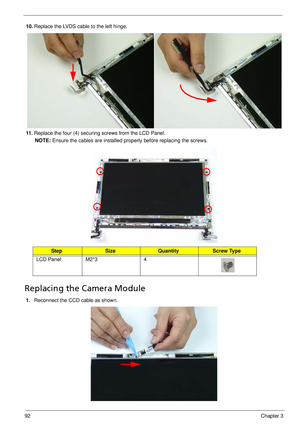 Acer 533 manual Replacing the Camera Module, Step Size Quantity Screw Type LCD Panel M2*3 