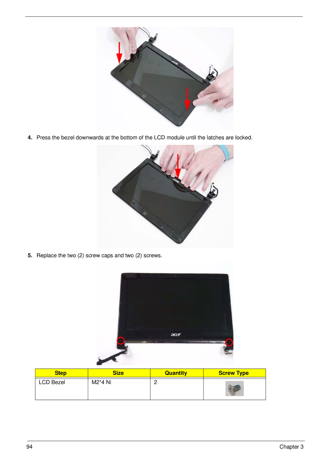 Acer 533 manual Step Size Quantity Screw Type LCD Bezel M2*4 Ni 