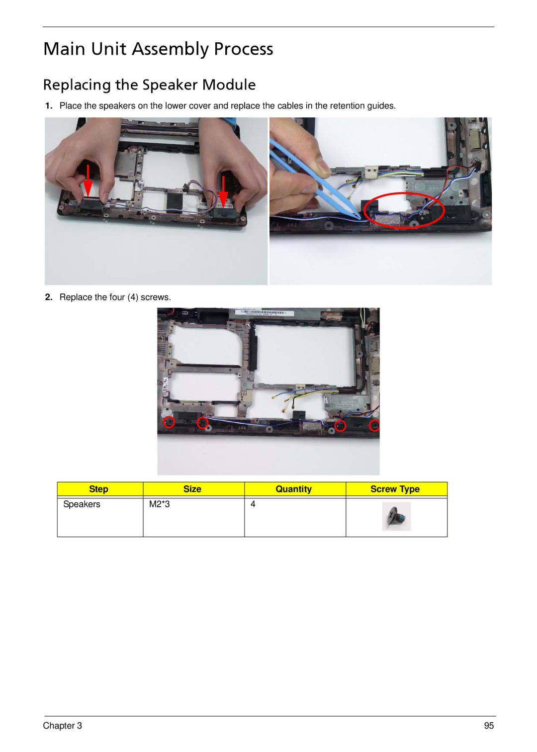 Acer 533 manual Main Unit Assembly Process, Replacing the Speaker Module 