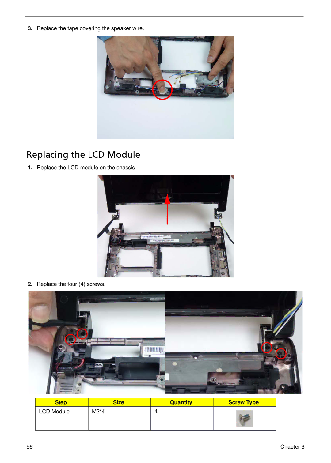 Acer 533 manual Replacing the LCD Module, Step Size Quantity Screw Type LCD Module M2*4 