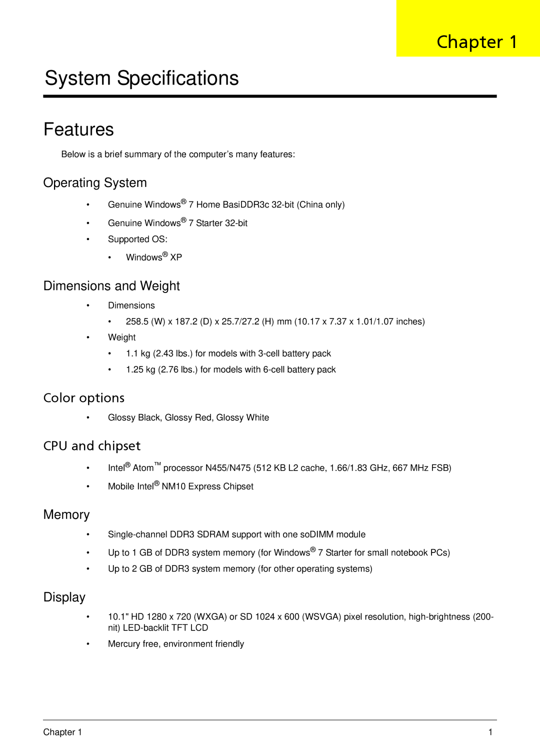 Acer 533 manual Chapter, Features 