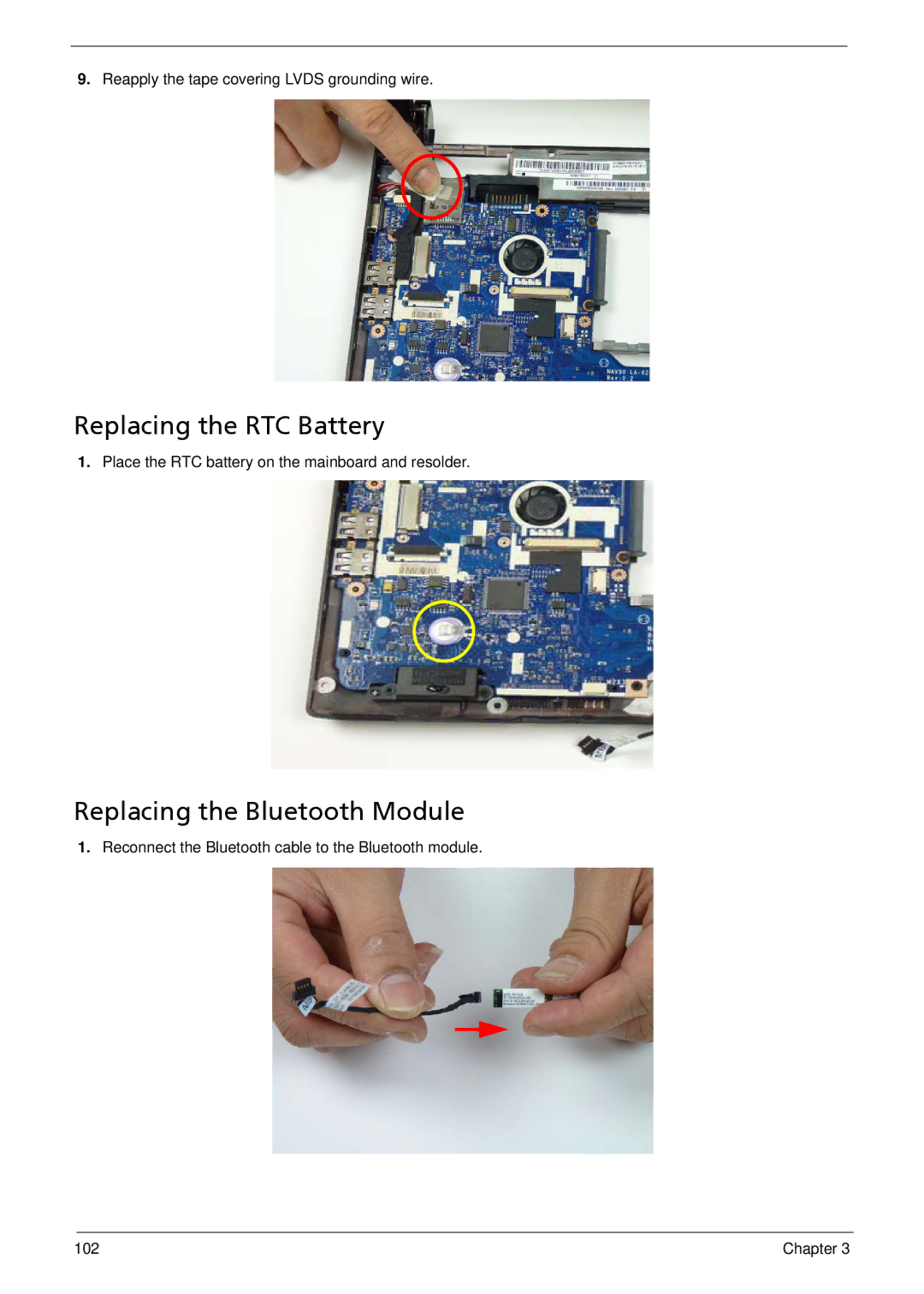 Acer 533 manual Replacing the RTC Battery, Replacing the Bluetooth Module 