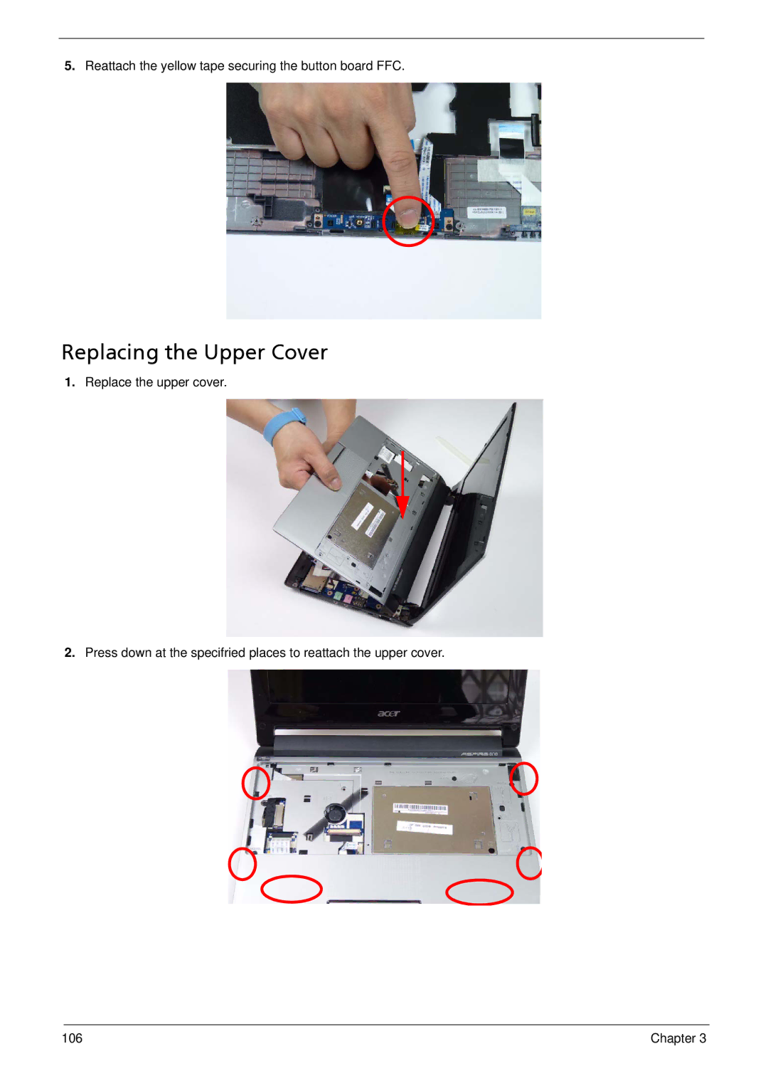 Acer 533 manual Replacing the Upper Cover 