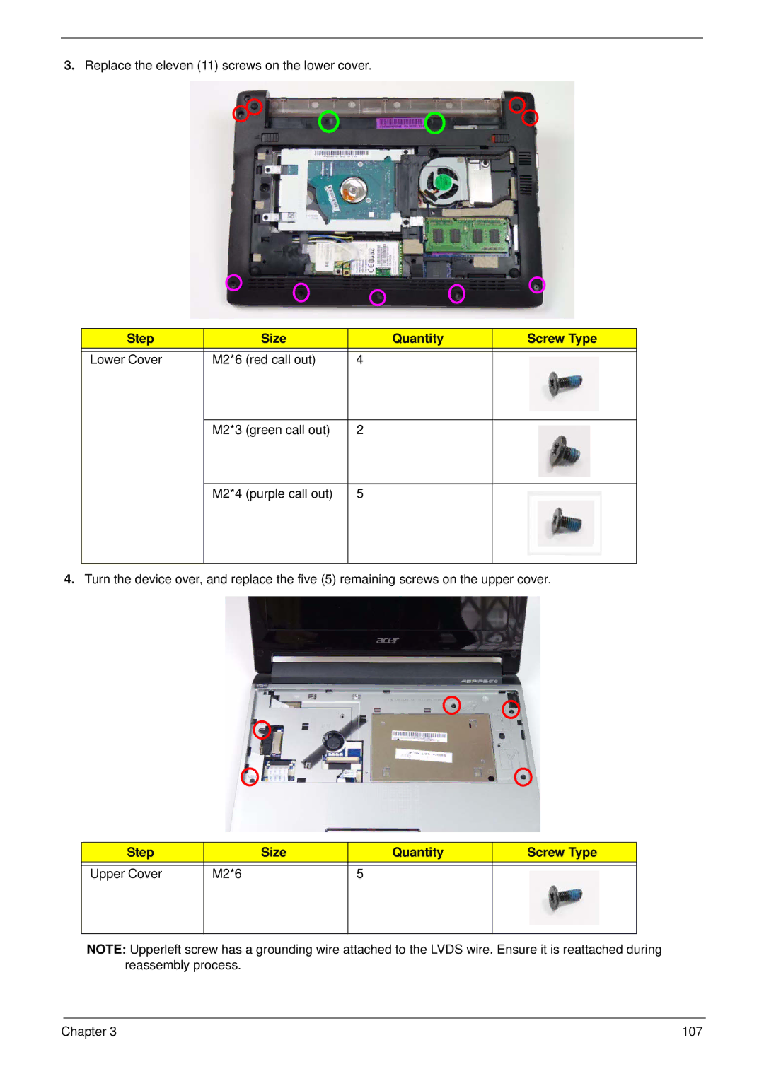 Acer 533 manual Replace the eleven 11 screws on the lower cover 