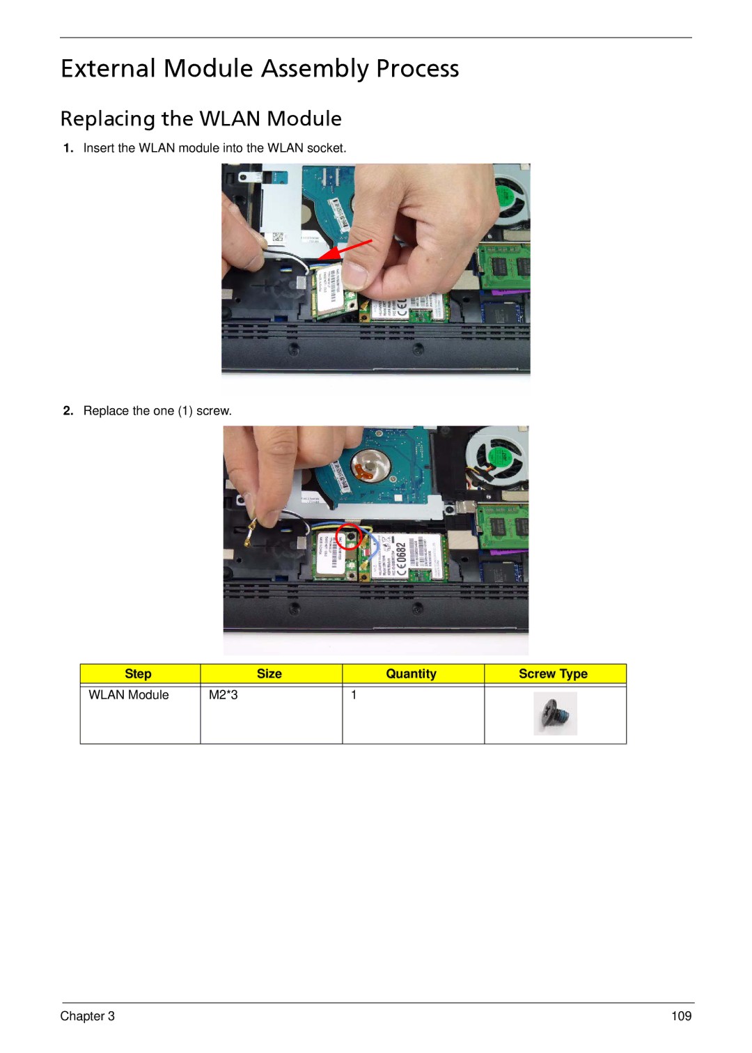 Acer 533 manual External Module Assembly Process, Replacing the Wlan Module 